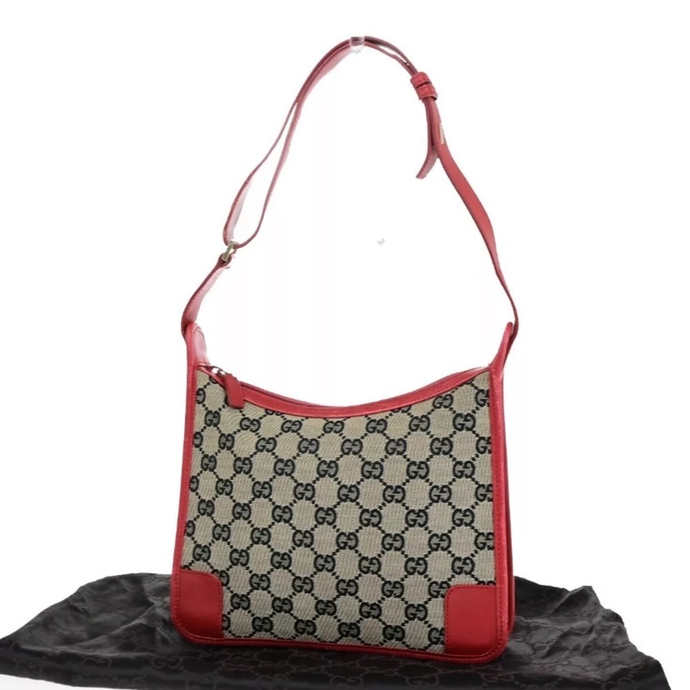 GUCCI Logo GG Pattern Canvas Leather Red Black Gold Shoulder Bag